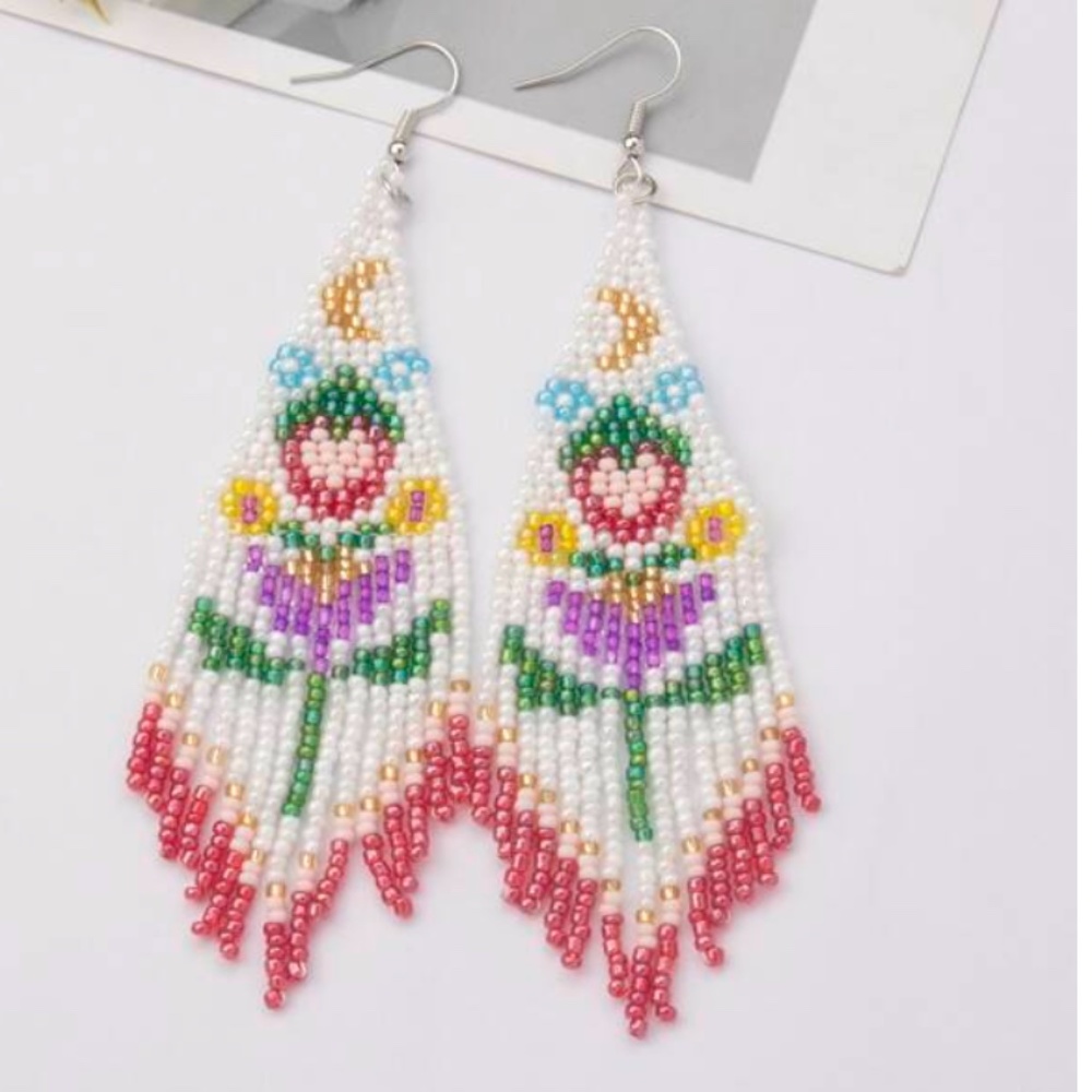 ❤️❤️ FREE Beaded Tassel Fringe Drop Hipster Floral Flower Tapestry Art Earrings